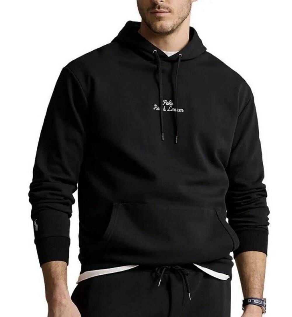 Polo Ralph Lauren Men's Black Logo Script Double Knit Pullover Hoodie Large